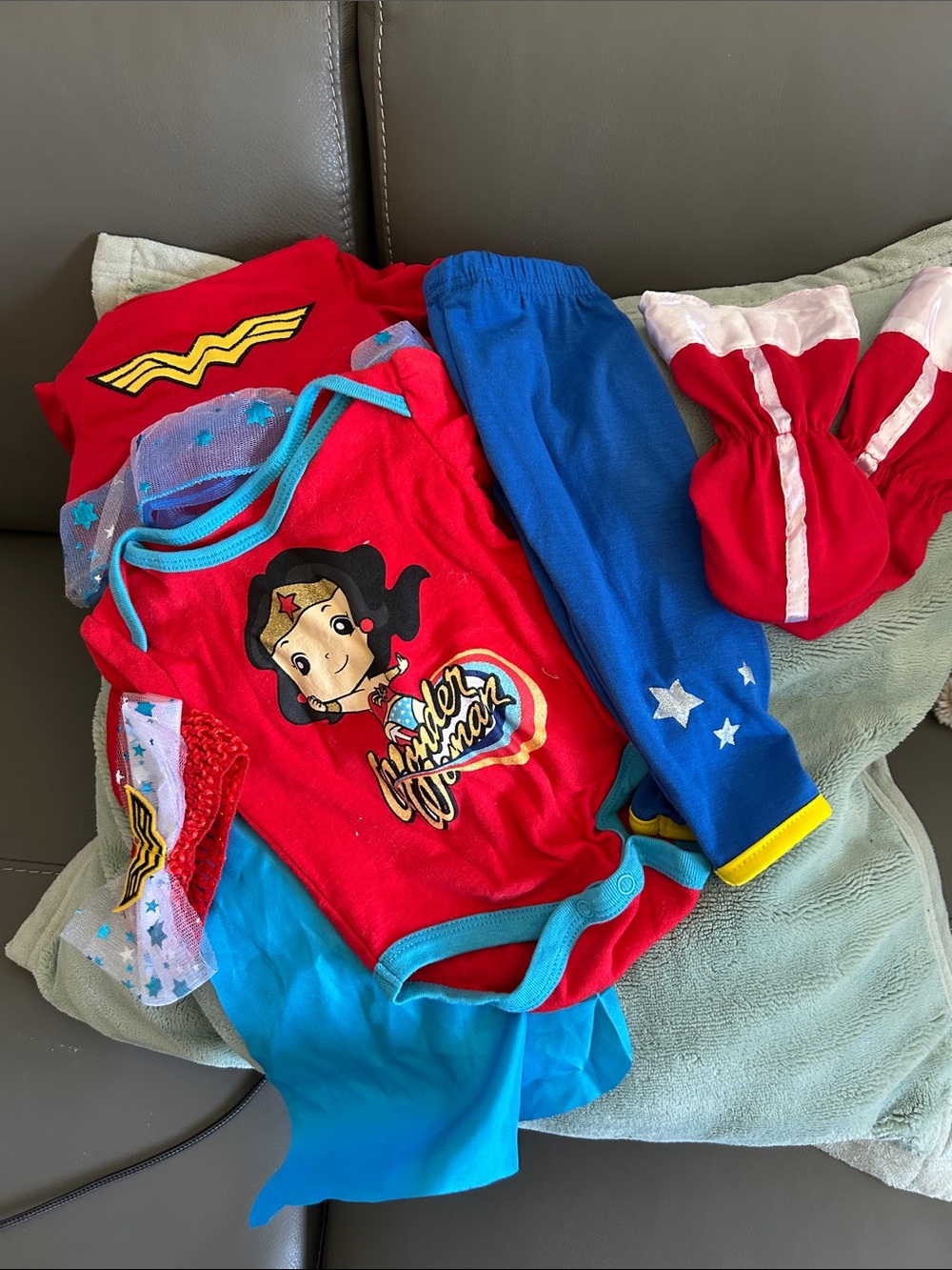 Used Red and Blue Wonder Woman Onesies, pants, and accessories Set